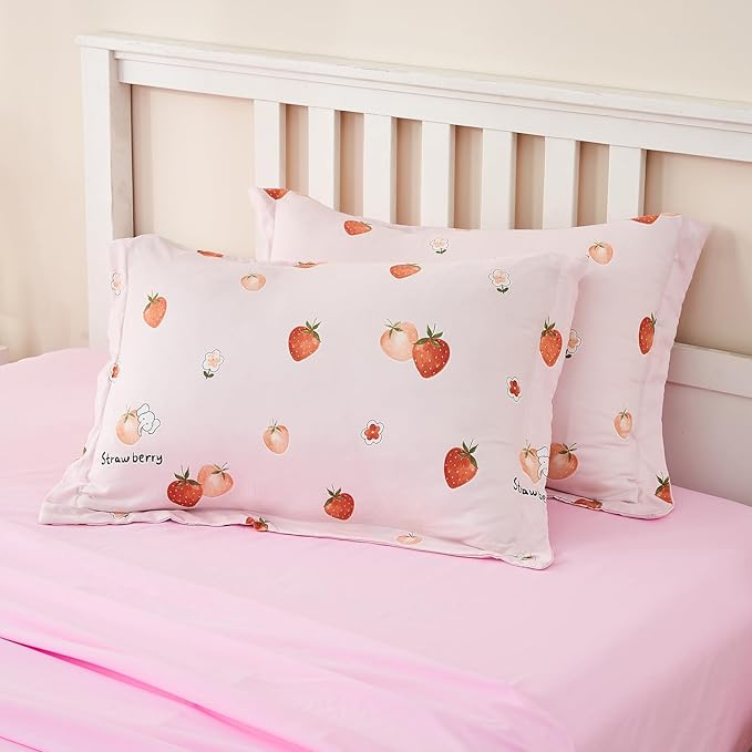 Wajade Girls Strawberry Comforter Set Bed in A Bag Twin Size 7 Piece Pink 3D Cute Strawberry Fruit Bedding Set for Kids (1 Comforter, 1 Flat Sheet, 1 Fitted Sheet, 2 Pillowcase and 2 Pillow Sham)