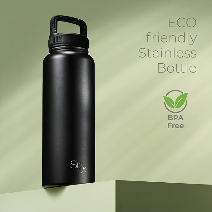 SipX™ Triple-Insulated Stainless Steel Water Bottle 40oz. With 3 Lids, BPA-Free Reusable Insulated Water Bottle Keeps Cold 24 Hours, Metal Water Bottle Made Of Sustainable Material For Hiking & Biking