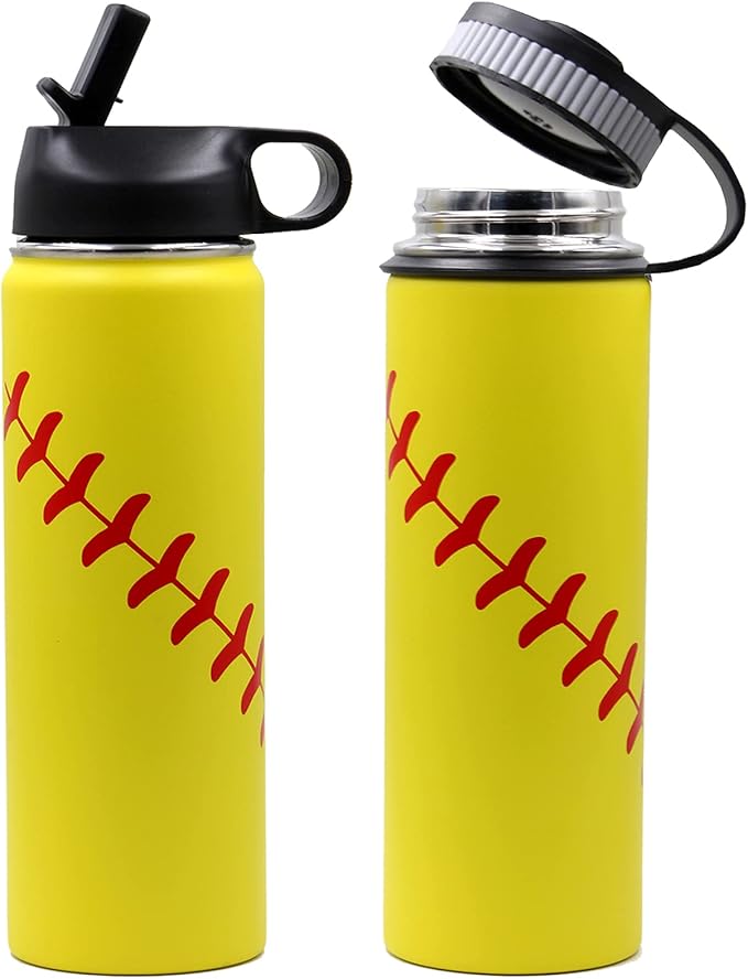 22 oz Softball Water Bottle, Sports Flask Metal Travel Tumbler with 2 Lids 18/8 Stainless Steel Double Wall Vacuum Insulated Hot/Cold (22oz, Yellow Softball)