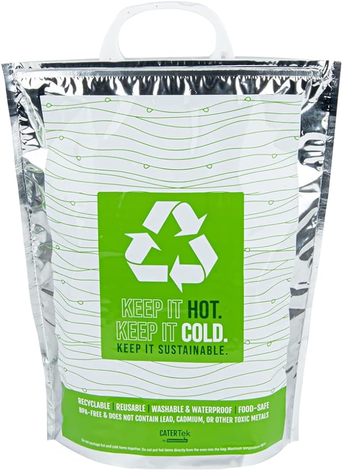 Restaurantware Cater Tek 11.8 x 5.9 x 15 Inch Hot And Cold Bags 10 Triple Layer Insulated Bags - Snap Lock Handles Waterproof Green & Silver Plastic Thermal Lunch Bags For Frozen & Hot Items