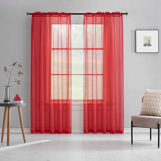 Red Sheer Voile Curtains Translucent Solid Color Window Treatment 84 Inches Long Rod Pocket Red Sheers for Bedroom Living Room 2 Panels 52 x 84 mas