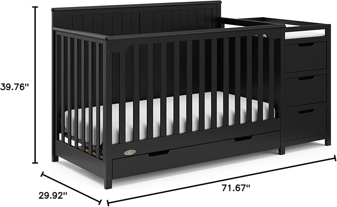 Graco Hadley 5-in-1 Convertible Crib and Changer with Drawer (Black) – GREENGUARD Gold Certified, Crib and Changing Table Combo with Drawer, includes Baby Changing Pad, Converts to Full-Size Bed