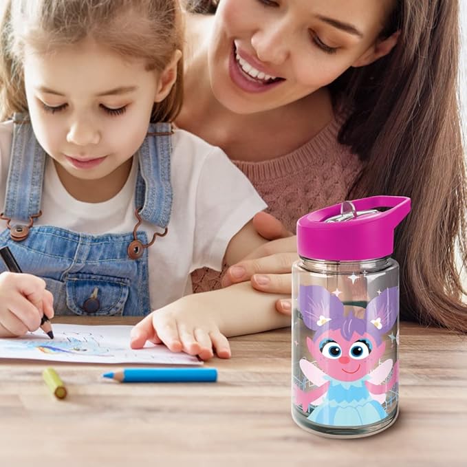 LOGOVISION Sesame Street Kids Tritan Plastic Water Bottle with Straw Lid and Handle, Reusable Tumbler for Toddlers, Unisex for Girls and Boys, 12oz, Big Abby