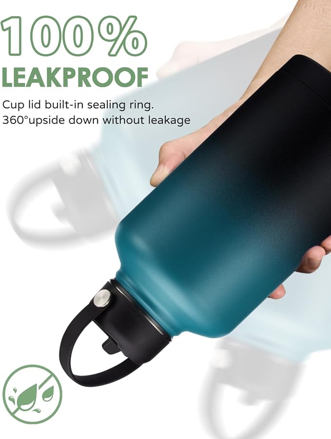 Half Gallon Water Bottle 64 oz with Straw - 1/2 Gallon Water Bottle with Paracord Handle, Bottle Sleeve with Strap, Keep Cold 48H & Hot 24H, Stainless Steel Half Gallon Water Jug for Sports Gym Work