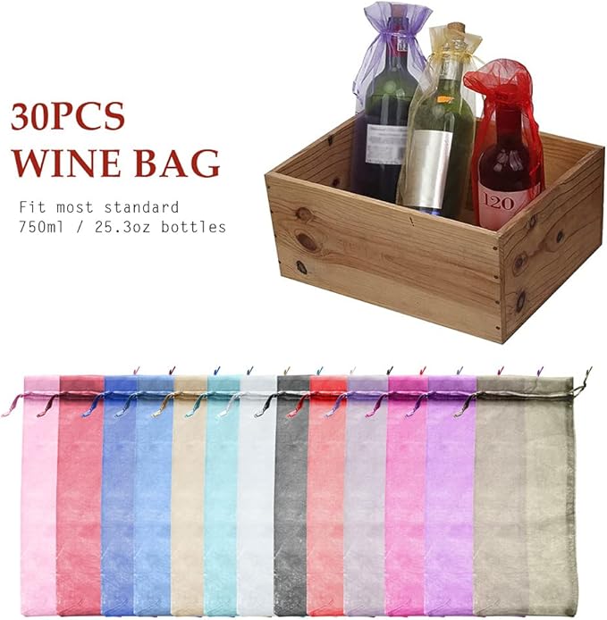 Kakalote 30pcs Sheer Organza Wine Bags, Design Fine Mesh Wine Gift Bag, Reusable Bottle Bags for Travel, Wedding, Birthday, and Dinner Party(Light Purple)