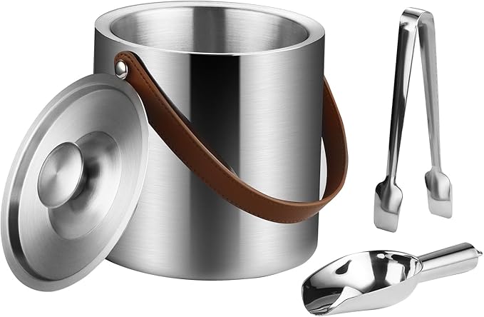 Stainless Steel Double-Wall Insulated Ice Bucket with Lid, Scoop, Tong, Strainer, Leather Handle Keep Ice Frozen Longer Large Wine Ice Buckets for Parties Cocktail Bar Chilling Champagne 2L