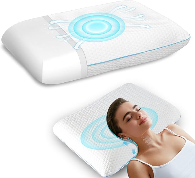 Memory Foam Pilllows for Sleeping, Soft Contour Pillow for Pain Relief, Bed Pillow for Side Back Stomach Sleepers,Cooling Pillow with Removable and Washable Cover, White