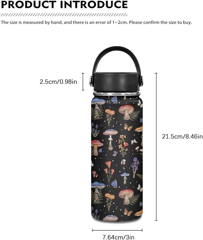 Mushroom Print Insulated Stainless Steel Water Bottle with Top Handle 18 Oz Vacuum Stainless Steel Sports Travel Water Bottle for Women Men