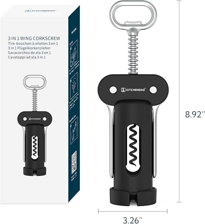 KITCHENDAO 3 in 1 Wing Corkscrew Wine Bottle Opener with Foil Cutter, Built-in Beer Bottle Opener, Multifunctional Wine Opener with Non-Stick Sharp Screw,Easy to Use, Manual Wine Corkscrew,Black