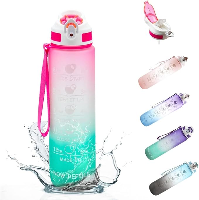 PROMETHEUZ Sports Water Intake Reminder Bottle with Time Marker and Straw, Leakproof Tritan BPA-Free, Fast Flow, Dark Pink Purple Mint, 32 oz