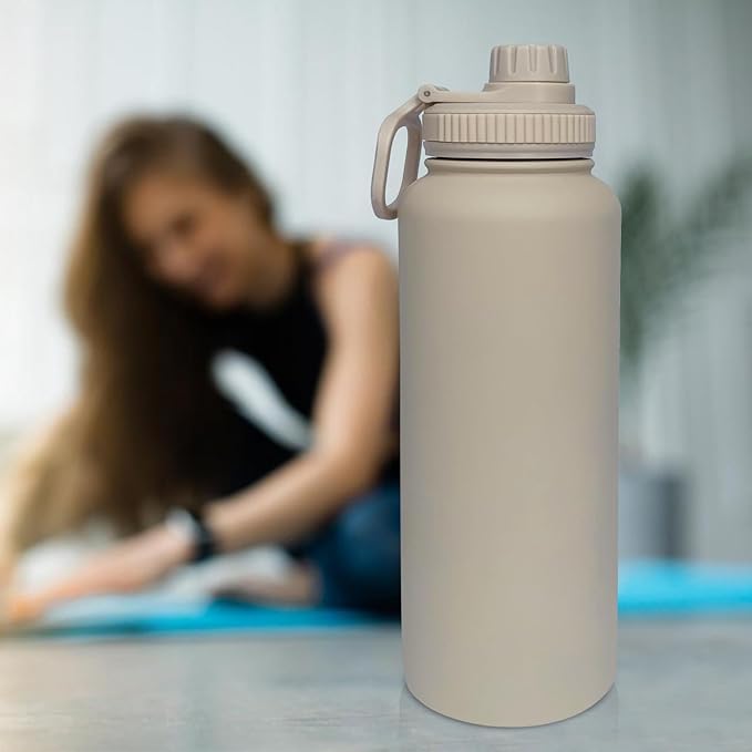 40oz Insulated Water Bottle ,Stainless Steel Sports Water Cup Flask with 2 Lids, Wide Mouth Travel Thermal Mug,Outdoor Sports Bottle(Cream apricot)