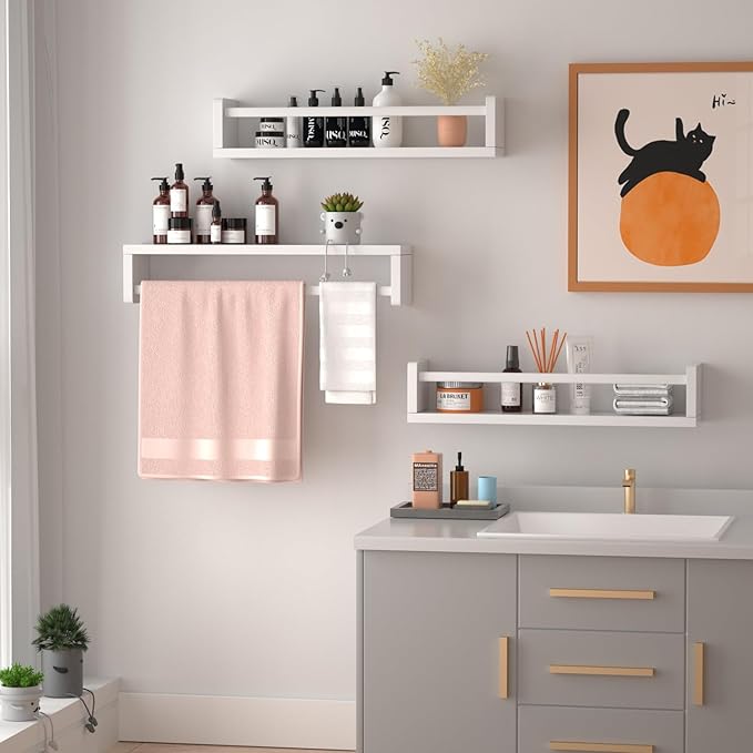 Nursery Floating Shelves for Kids Room, Set of 3 Wall Book Shelves for Kitchen Living Room, Book Shelf Wall Mounted for Baby Kids Bedoom Bathroom (White, 24inch Set 3)