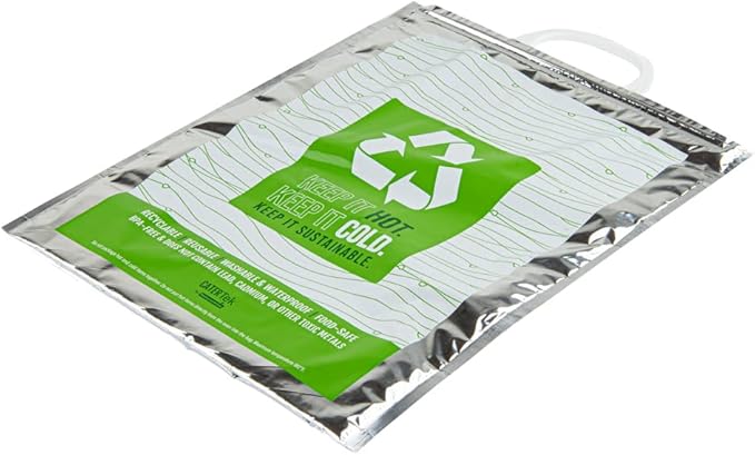 Restaurantware Cater Tek 11.8 x 5.9 x 15 Inch Hot And Cold Bags 10 Triple Layer Insulated Bags - Snap Lock Handles Waterproof Green & Silver Plastic Thermal Lunch Bags For Frozen & Hot Items