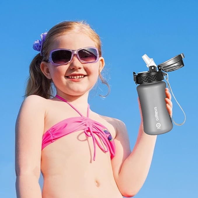GOPPUS Kids Water Bottle with Straw Spout Lid 10pcs Stickers 12 oz Leak-proof BPA Free Motivational Time Marker Tritan Plastic Water Bottles for Girls Boys School Sports