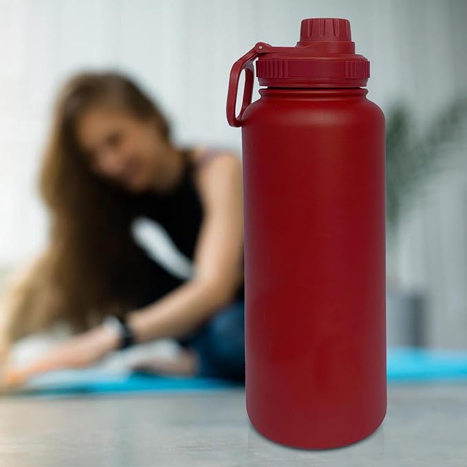 40oz Insulated Water Bottle ,Stainless Steel Sports Water Cup Flask with 2 Lids, Wide Mouth Travel Thermal Mug,Outdoor Sports Bottle(Deep red)