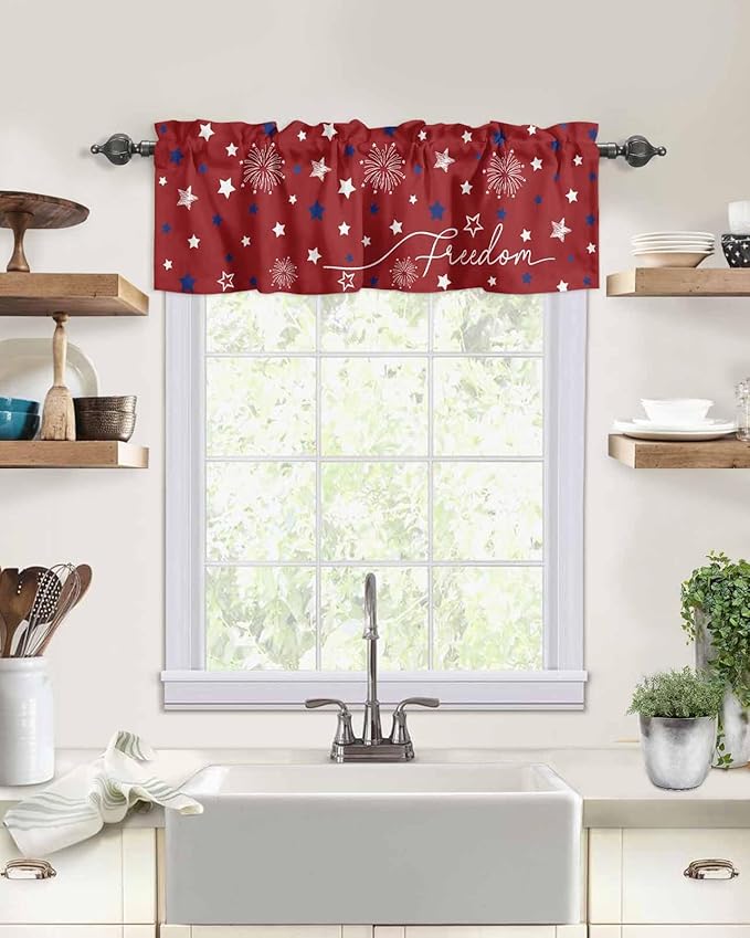 Patriotic 4th of July Kitchen Curtains Valances for Windows Red White Blue Stars Freedom Rod Pocket Window Treatment for Kitchen /Living Room/Bedroom/ Bathroom, 54" X 18", Memorial Day Summer