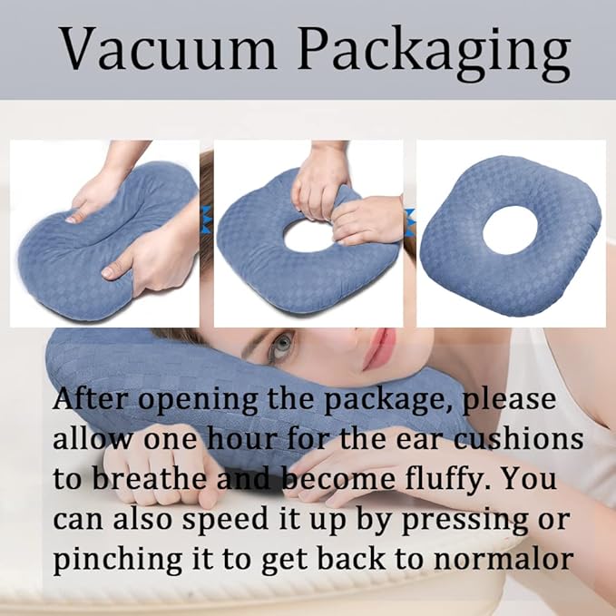 Ear Piercing Pillow for Side Sleepers, Pillow with an Ear Hole for CNH and Ear Pain Ear Inflammation Pressure Sores, O-Shaped Side Sleeping Pillow, Ear Guard Pillow (Blue)