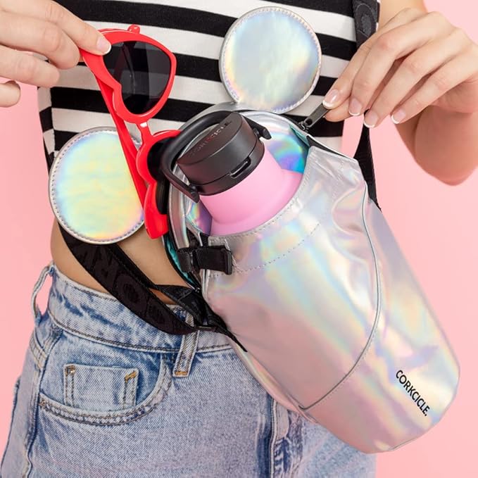 Corkcicle x Disney Minnie Mickey Mouse Ears Crossbody Water Bottle Sling Bag, Fits 16 oz to 40 oz Tumbler – Water Bottle Holder with Strap Securely Holds Bottle, Cards, Phone, & Keys