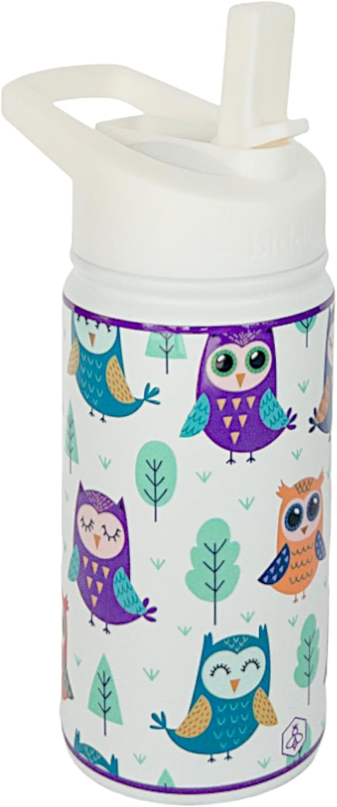 Biddlebee Kids Water Bottle with Straw Lid | 14oz Insulated Stainless Steel Reusable Bottles for School | Leak Proof Cap with Handle & Touch Free Spout | Great for Boys & Girls (Owls)