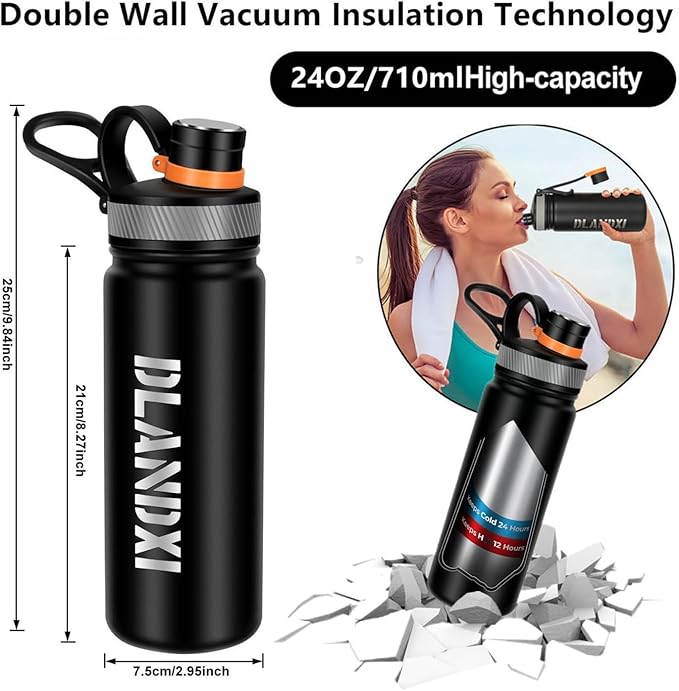 24 oz Double Wall Vacuum Insulated Stainless Steel Water Bottle with Spout Lid BPA Free (BLACK, 24 OZ)