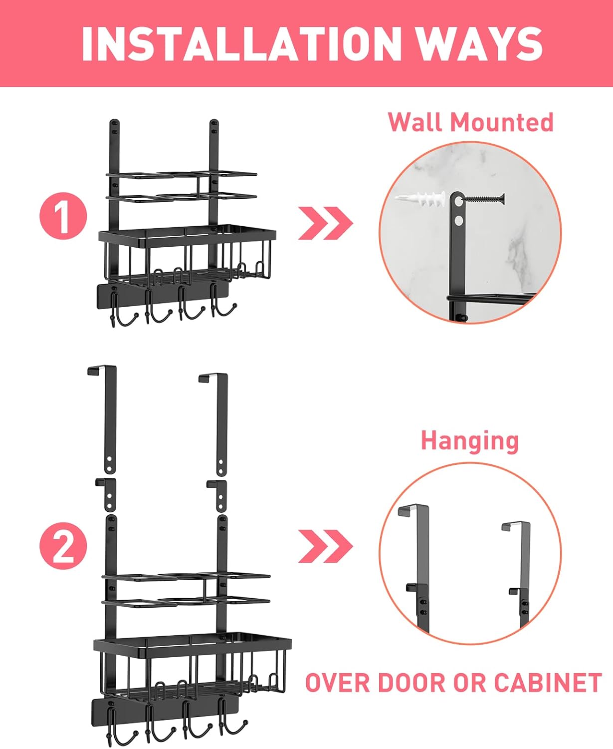 REFLYING Over-the-Door Hairdryer and Styling Tool Organizer, Metal, Black, 3 Compartments, 8 Hooks, 15"H x 10"W x 4.7"D