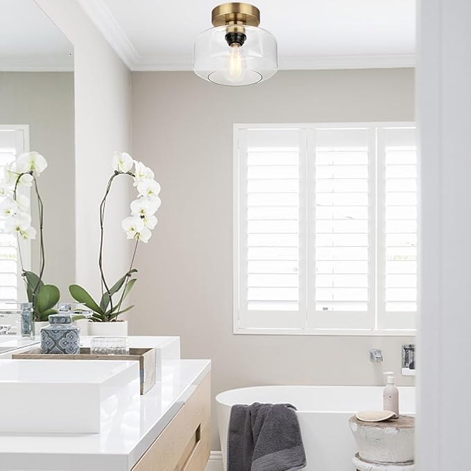 Industrial Semi Flush Mount Ceiling Light Brass, 800 Lumen LED Bulb Included, Clear Glass Shade Ceiling Light Fixture, Light Fixture for Hallway Bathroom Bedroom, Vintage Hanging Light Fixtures