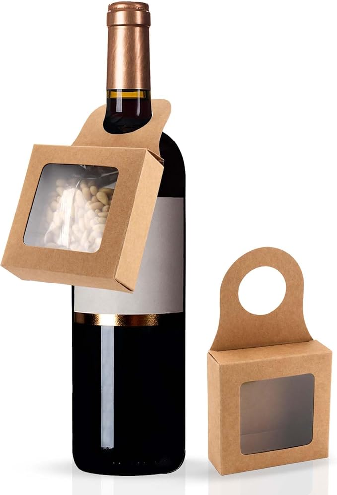 JAPCHET 50 PCS Paper Wine Bottle Box, Kraft Wine Bottle Box with Hanging Hole and Clear Window Wine Kraft Box for gift giving, wedding and Christmas party