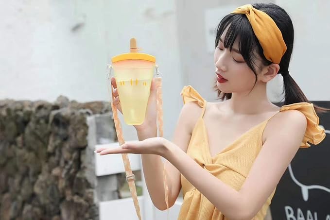 Travel Cup with Straw Birthday Party Gift Picnic Ice Water Bottle Travel Mug with Strap (Ice Cream Orange, 320 ml)