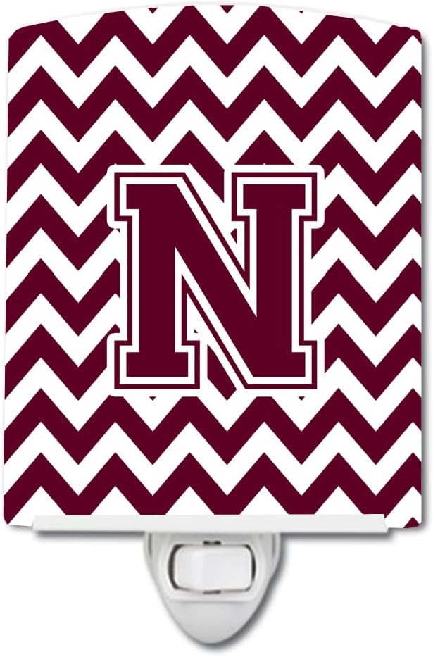 Caroline's Treasures CJ1051-NCNL Letter N Chevron Maroon and White Ceramic Night Light Compact, UL-Certified, Ideal for Bedroom, Bathroom, Nursery, Hallway, Kitchen, 6x4x3, Multicolor