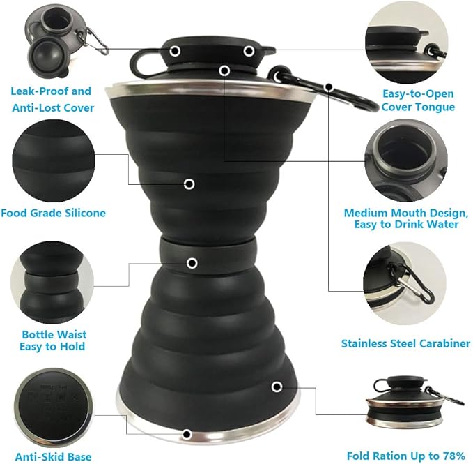 Collapsible Water Bottle, Camping Cup With Carabiner, Reuseable Silicone Foldable Leak Proof Portable Sports Travel Water Bottles For Outdoor, Travel Gym Hiking, BPA Free, Cycling Cups with Carabiner