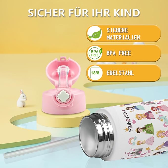 Kids Insulated Water Bottle with Covered Pop-Up Straw,16oz Kids Cups with Stainless Steel Leak Proof for School Boys Girls(2-Princess)