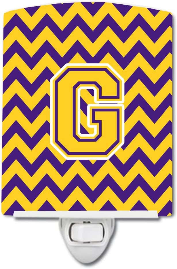 Caroline's Treasures CJ1041-GCNL Letter G Chevron Purple and Gold Ceramic Night Light Compact, UL-Certified, Ideal for Bedroom, Bathroom, Nursery, Hallway, Kitchen, 6x4x3, Multicolor