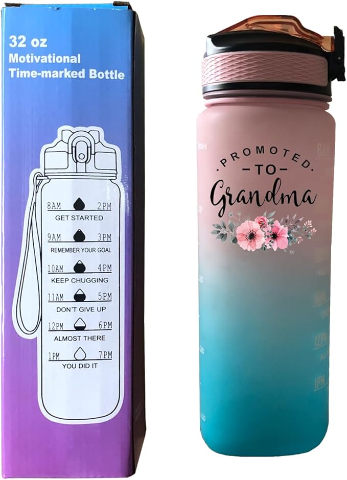 Promoted To Grandma 32 OZ Drinking Water Bottle with Times to Drink and Straw, Motivational with Carrying Strap, Leakproof BPA & Toxic Free, Ensure You Drink Enough Water for Fitness Outdoor