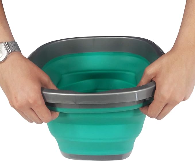 HOMZ Store N Stow 10 Liter Handle, Grey and Teal, Set of 1 Square Collapsible Bucket,