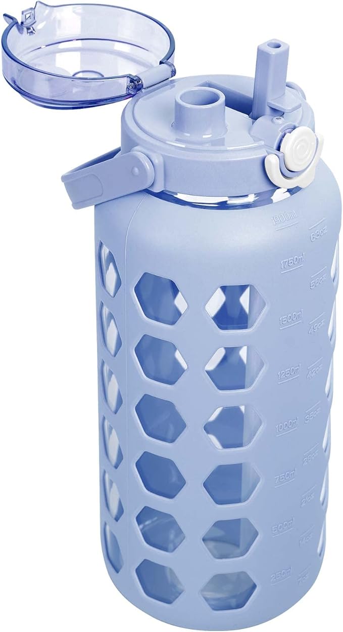 MUKOKO Half Gallon/64 oz Glass Water Bottles with Straw and Lid,Motivational Water Jug with Time Marker Reminder and Silicone Sleeve,100% Leakproof BPA Free Fitness Sports Large Bottle-Light Blue
