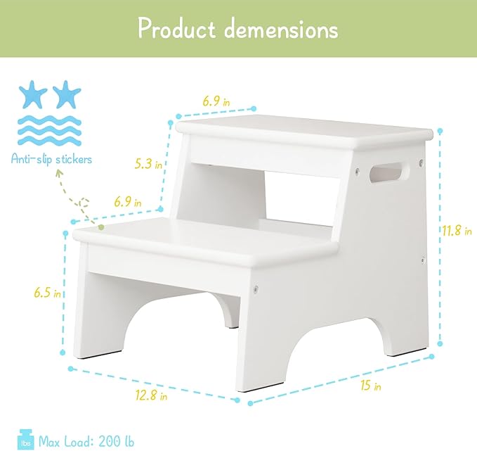 Forbena Wood 2 Step Stool for Kids Bathroom Sink, White Toddler Step Stool for Toilet Potty Training, Child Stepping Stool for Kitchen Nursery Bedroom, Sturdy Non Slip Adult Stool for Closet