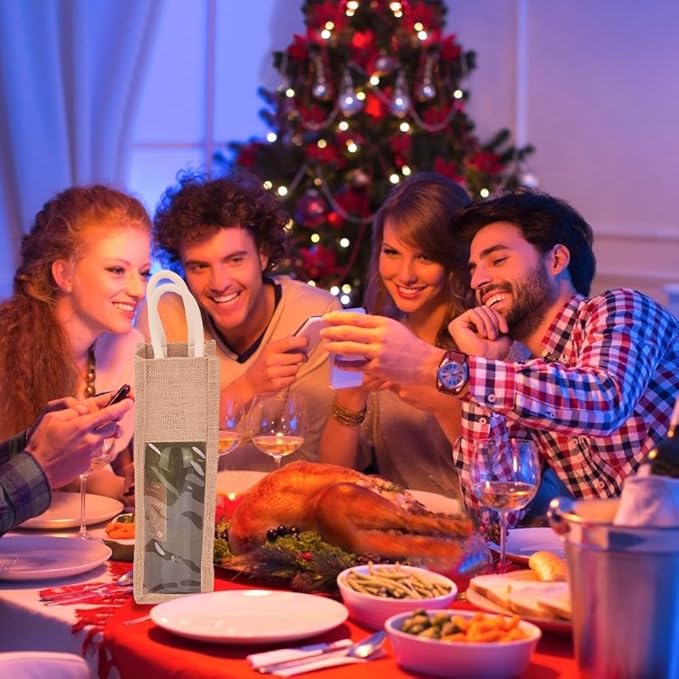 BENECREAT 2 Pack Burlap Wine Bottle Bags, Jute Wine Tote Gift Bag with Clear Window and Handle for Wedding Birthday Festivals Souvenir Packaging Wine Gift Packaging (Single Bottles)