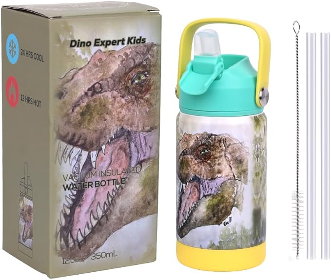 Dinosaur Expert Kids water bottle for girls and boys with unique T-Rex design BPA free Double wall Flask insulated stainless Steel for Dinosaur lovers Christmas Birthday gifts for Dinosaur lovers