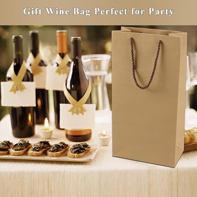 Prembag Kraft Paper Wine Bags for Double Wine Bottle,Double Wine Gift Bags, 7"x 3.5"x13.8" Whiskey/Liquor Wine Bottle Bags For Gifts, 2 Bottle Wine Bags with Rope Handles,4 Pcs