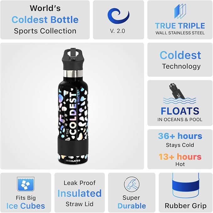 COLDEST Kids Water Bottle for School - Multiple Sizes (Straw Lid) Insulated Stainless Steel Reusable Leak-Proof for Girls, Boys (Moonlight Leopard, 21 oz)