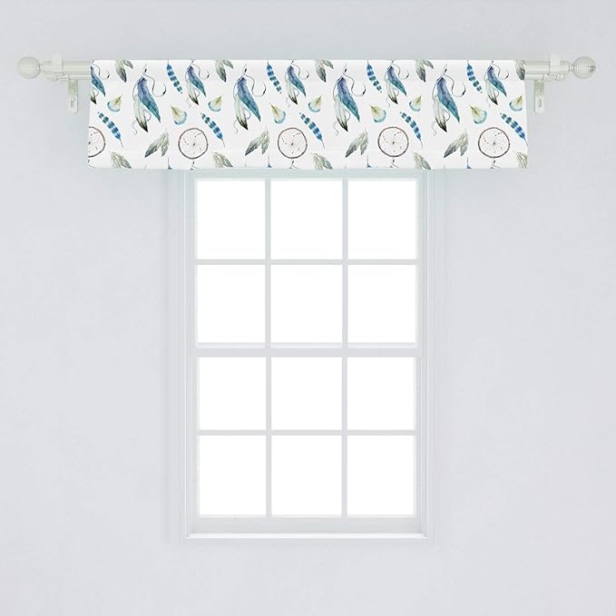 Ambesonne Tribal Window Valance, Aztec Exotic Feathers Dreamcatchers Traditional Folk Watercolor Boho Art, Curtain Valance for Kitchen Bedroom Decor with Rod Pocket, 54" X 12", Blue Green