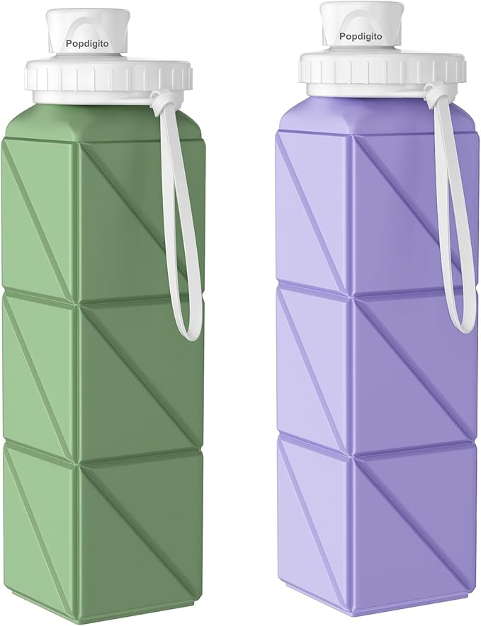 Collapsible Water Bottles 20.7oz Leakproof with Straw Lid Food-Grade BPA-Free Silicone Travel Foldable Water Bottles for Sports Office Gym Hiking Driving 610ML (Light Purple+Army Green)