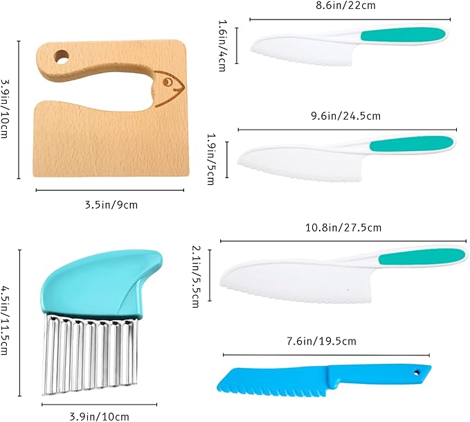 6 PCS Kids Kitchen Safe Wooden Knife Set for Real Cooking, Kids Montessori Kitchen Cooking Tools, Plastic Serrated Edges Toddler Knives, Crinkle Potato Cutter for Children Cooking (Blue)