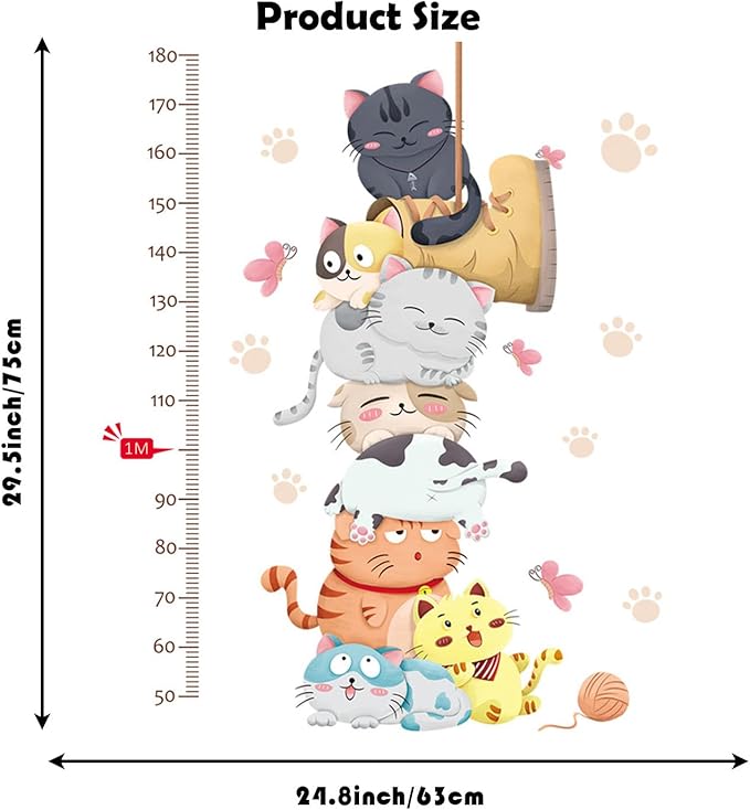 Height Measurement Growth Chart Wall Stickers Cartoon Cute Cat Wall Decals Peel and Stick Removable Wall Stickers for Kids Nursery Bedroom Living Room Decor