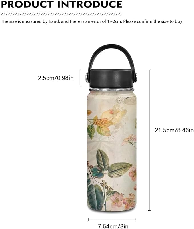 Floral Insulated Water Bottle with Lid -20 Oz Vacuum Stainless Steel Reusable Leak & Sweat Proof Gym Sports Travel Water Bottle for Women Men