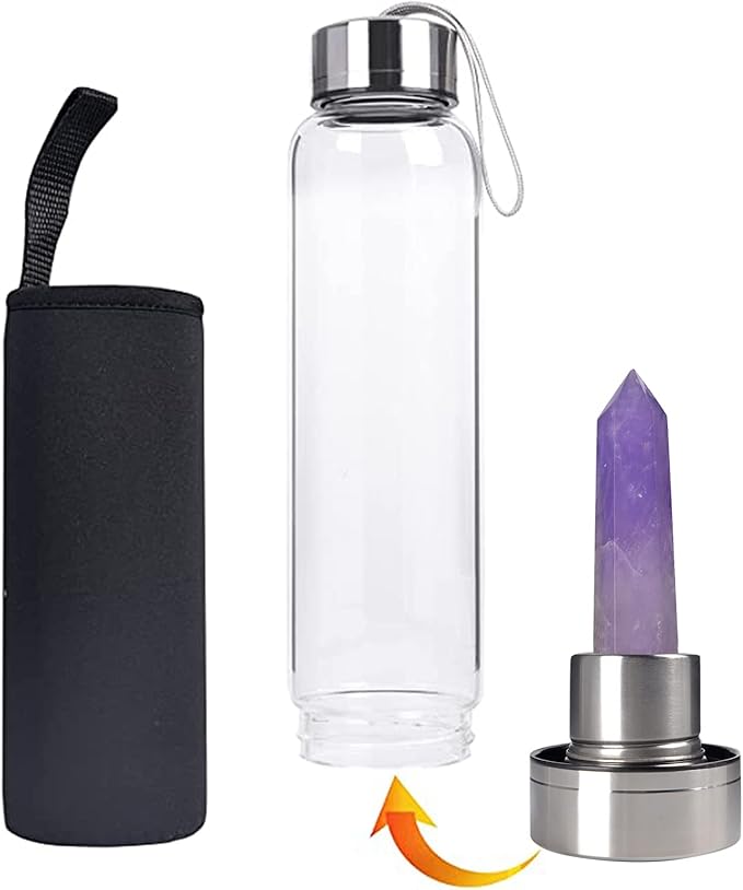 Crystal Glass Water Bottle, Glass Water Bottle with Changeable Natural Crystal Center, Quartz Gemstone Water Bottle for Natural