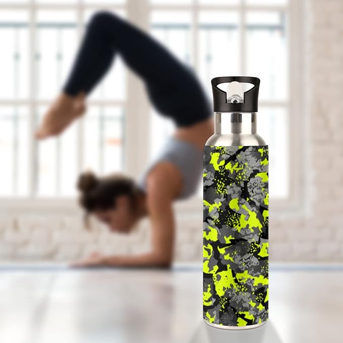 Fluorescence Camo Stainless Steel Sports Water Bottle with Straw, 32 oz Vacuum Insulated Cup, Keeps Hot Cold Canteen Water Bottles For Cycling Travel Hiking
