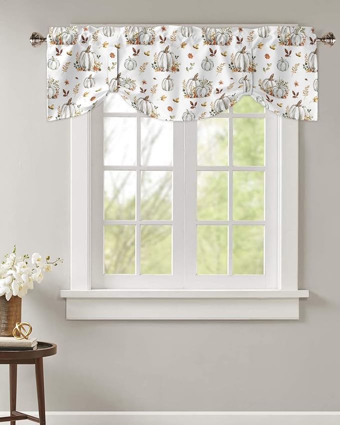 Fall Floral Leaves Blackout Tie Up Valance Curtains for Kitchen Windows Thanksgiving Pumpkins Window Toppers Balloon Shades for Living Room/Bathroom/Bedroom,1 Panel,54" X 18" Boho