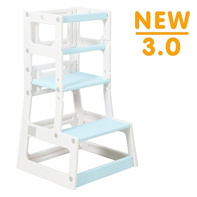 SDADI Mother's Helper Adjustable Height Plastic Kitchen Step Stool for Children, Kids Toddlers Counter Level Learning Stool for Kitchen & Bathroom,Beige and Blue