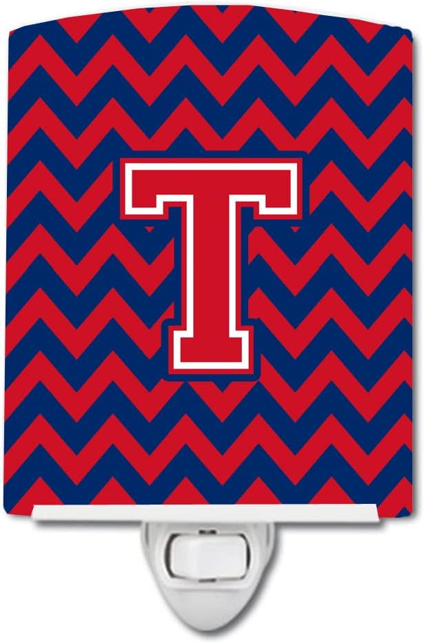 Caroline's Treasures CJ1054-TCNL Letter T Chevron Yale Blue and Crimson Ceramic Night Light Compact, UL-Certified, Ideal for Bedroom, Bathroom, Nursery, Hallway, Kitchen, 6x4x3, Multicolor